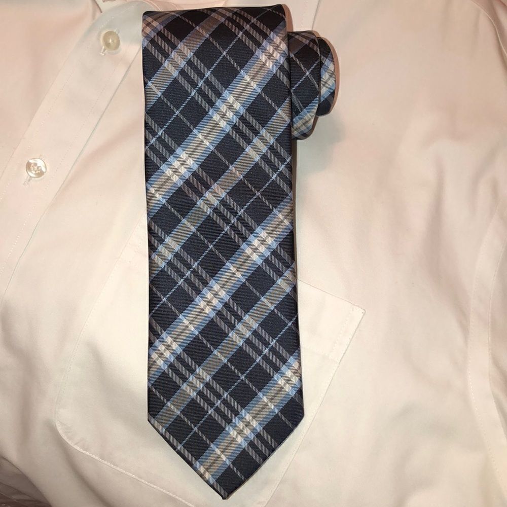 UMO Lorenzo Navy Sky Blue Gray Diagonal Plaid Microfiber Woven Tie